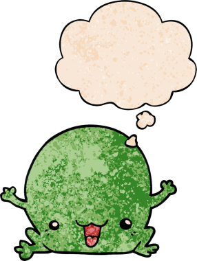 Bir insan tarafından çizilmiş grunge desenli düşünce baloncuğu olan çizgi film kurbağası.