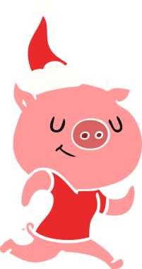 Mutlu el çizimi düz renk çizimi bir insan tarafından çizilmiş Noel Baba şapkası takan bir domuzun resmi.