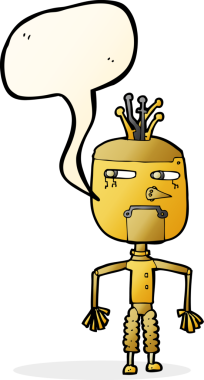 Bir insan tarafından çizilmiş konuşma balonu olan çizgi film robotu.
