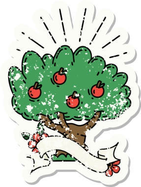 Bir insan tarafından çizilmiş dövme stili elma ağacının eski bir çıkartması.