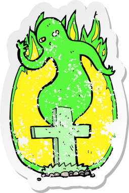 Bir insan tarafından çizilmiş mezardan yükselen karikatür bir hayaletin gerilimli çıkartması.