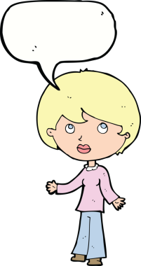 Bir insan tarafından çizilmiş bir konuşma balonuyla düşünen karikatür kadını.