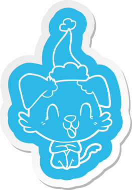 Bir insan tarafından çizilmiş Noel Baba şapkası takan bir köpeğin komik çizgi film çıkartması.