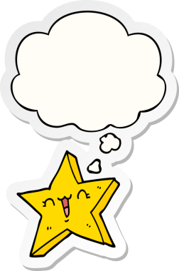 Düşünce baloncuğu insan tarafından çizilmiş bir çıkartma olan sevimli çizgi film yıldızı.