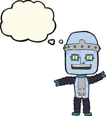 Bir insan tarafından çizilmiş düşünce baloncuklu çizgi film robotu.