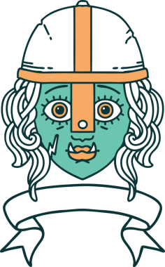 Retro Dövme Biçimli Ork savaşçı yüzü bir insan tarafından çizilmiş pankartıyla