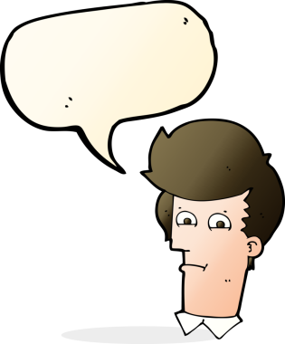 Bir insan tarafından çizilmiş konuşma baloncuğuyla gözlerini kısarak bakan çizgi film adamı.