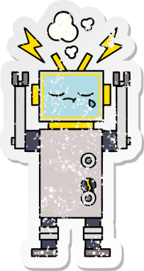 Bir insan tarafından çizilmiş ağlayan şirin bir çizgi robotun sıkıntılı çıkartması.