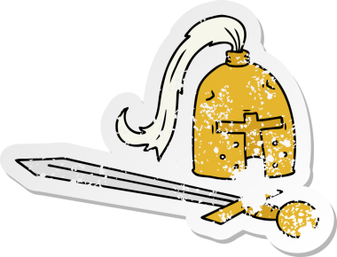 Ortaçağ miğferi ve kılıcının insan eliyle çizilmiş karikatür karikatürü.