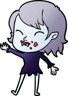 Bir insan tarafından çizilmiş yanağında kan olan vampir kız çizgi filmi.