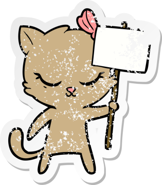 Bir insan tarafından çizilmiş tabelası olan sevimli bir çizgi film kedisinin sıkıntılı çıkartması.