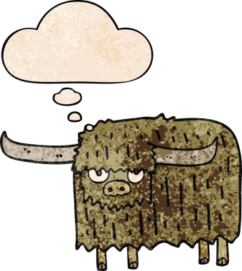 çizgi film kıllı inek, insan tarafından çizilmiş grunge desenli düşünce baloncuğu.