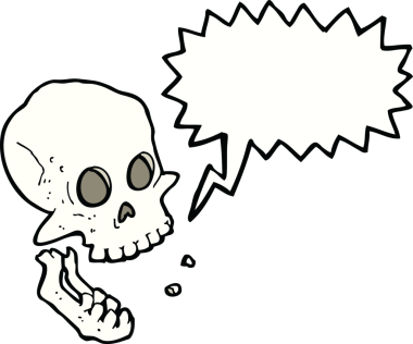 Bir insan tarafından çizilmiş konuşma balonlu gülen kafatası.