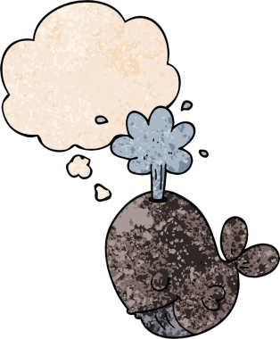 Düşünce baloncuğu ve insan tarafından çizilmiş grunge dokusuyla balina fışkırtan çizgi film.