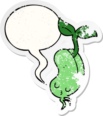 Konuşma baloncuklu çizgi film filizlenen fasulye bir insan tarafından çizilmiş sıkıntılı eski bir çıkartma