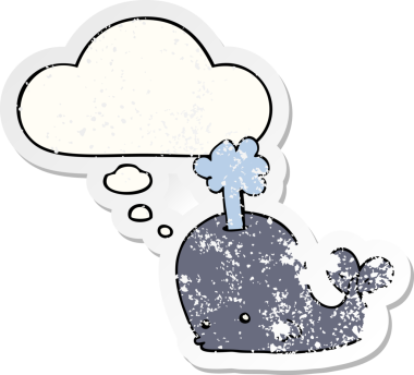 Düşünce baloncuğu olan karikatür balinası bir insan tarafından çizilmiş yıpranmış bir çıkartma.