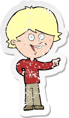 Bir insan tarafından çizilmiş, gülen ve işaret edilen bir çizgi film karakterinin gerilimli geçmiş çıkartması.