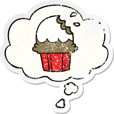 Düşünce baloncuklu çizgi film keki bir insan tarafından çizilmiş yıpranmış bir çıkartma.