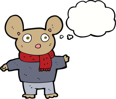 Bir insan tarafından çizilmiş düşünce baloncuklu kıyafet giymiş çizgi film faresi.