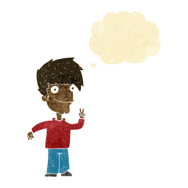 Bir insan tarafından çizilmiş düşünce baloncuğuyla barış işareti yapan çizgi film adamı.