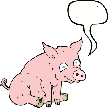 Bir insan tarafından çizilmiş konuşma balonlu mutlu domuz.