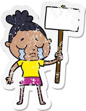 Bir insan tarafından çizilmiş protesto işaretli, ağlayan bir karikatür çıkartması.