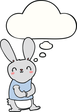 Bir insan tarafından çizilmiş düşünce kabarcığı olan sevimli çizgi film tavşanı.