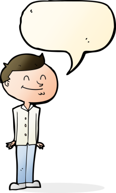 Bir insan tarafından çizilmiş konuşma balonlu gülümseyen adam.