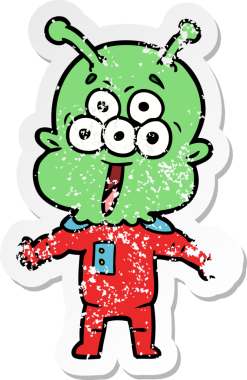 Bir insan tarafından çizilmiş mutlu çizgi film uzaylısının sıkıntılı çıkartması.