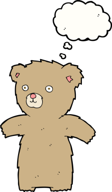 Bir insan tarafından çizilmiş düşünce baloncuğu olan sevimli çizgi film ayısı.