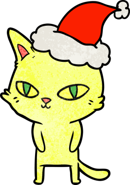 Bir insanın çizdiği Noel Baba şapkası takan parlak gözlü bir kedinin el çizimi karikatürü.