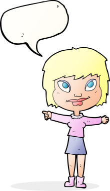 Bir insan tarafından çizilmiş bir konuşma balonuyla işaret eden çizgi film kadını.