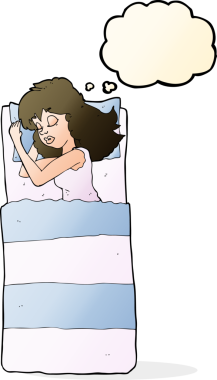 Bir insan tarafından çizilmiş düşünce balonlu uyuyan kadın çizgi filmi.