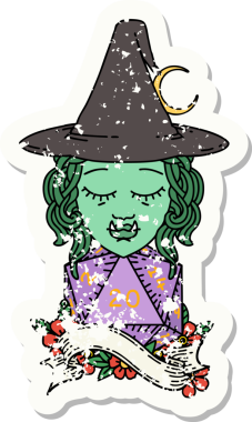 Bir insan tarafından çizilmiş 20 zarlı yarım ork büyücüsünün grunge çıkartması.