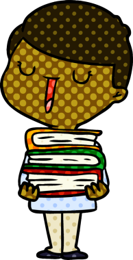 Bir insan tarafından çizilmiş kitap yığınıyla mutlu bir çocuk.