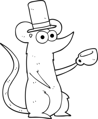 Bir insan tarafından çizilmiş fincanlı ve silindir şapkalı siyah beyaz bir fare.