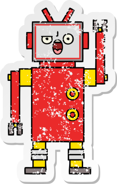 Bir insan tarafından çizilmiş kızgın bir robot çizgi film çıkartması.