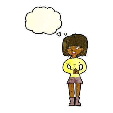 Bir insan tarafından çizilmiş düşünce baloncuğu olan çizgi film dostu kadın.