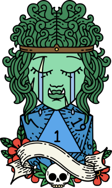 Retro Dövme Tarzı Ağlayan Ork barbar karakter yüzü ve bir insan tarafından çizilmiş doğal bir D20 rulo