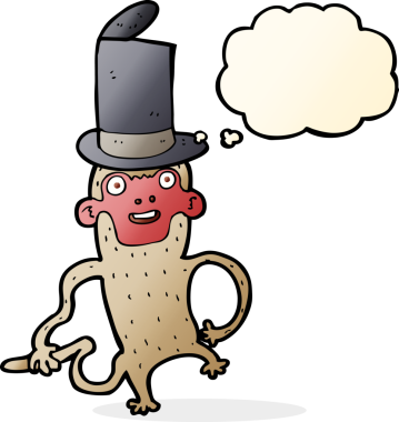 Bir insan tarafından çizilmiş düşünce baloncuklu silindir şapka giyen maymun.