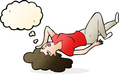 Bir insan tarafından çizilmiş düşünce baloncuğuyla yerde yatan çizgi film kadını.