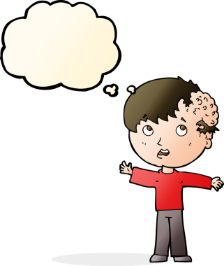 Kafasında bir insan tarafından çizilmiş düşünce balonuyla büyüyen çizgi film çocuğu.