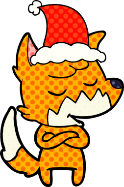 Bir insan tarafından çizilmiş Noel Baba şapkası giymiş bir tilkinin çizgi roman çizimi.