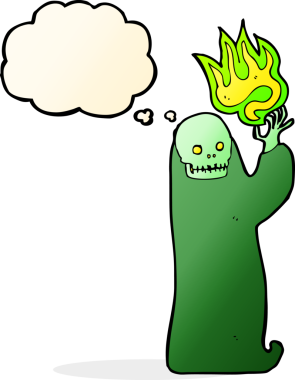 Bir insan tarafından çizilmiş düşünce baloncuğuyla cadılar bayramı hortlağını sallayan çizgi film.