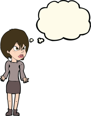 Bir insan tarafından çizilmiş düşünce baloncuğuyla rahatsız bir kadın.