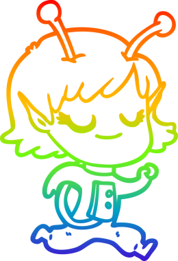 Bir insan tarafından çizilmiş gülümseyen uzaylı kız çizgi filmi.