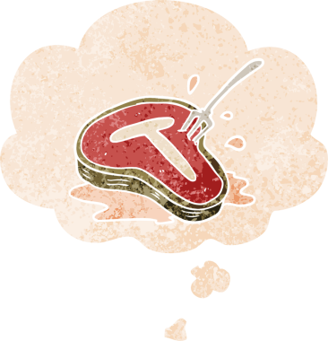 Düşünce baloncuklu çizgi film bifteği bir insan tarafından çizilmiş dertli retro stil.