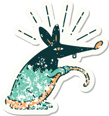 Dövme stili eski bir çıkartma. Bir insan tarafından çizilmiş sinsi bir fare.