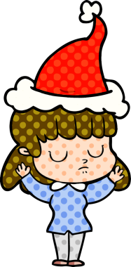 Bir insan tarafından çizilmiş Noel Baba şapkası giyen umursamaz bir kadının el çizimi çizgi roman çizimi.