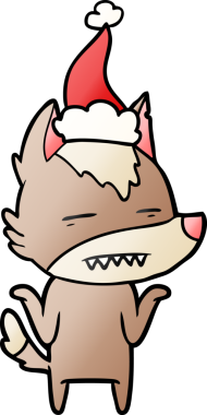 Bir insan tarafından çizilmiş Noel Baba şapkası giymiş bir kurdun el çizimi karikatürü.